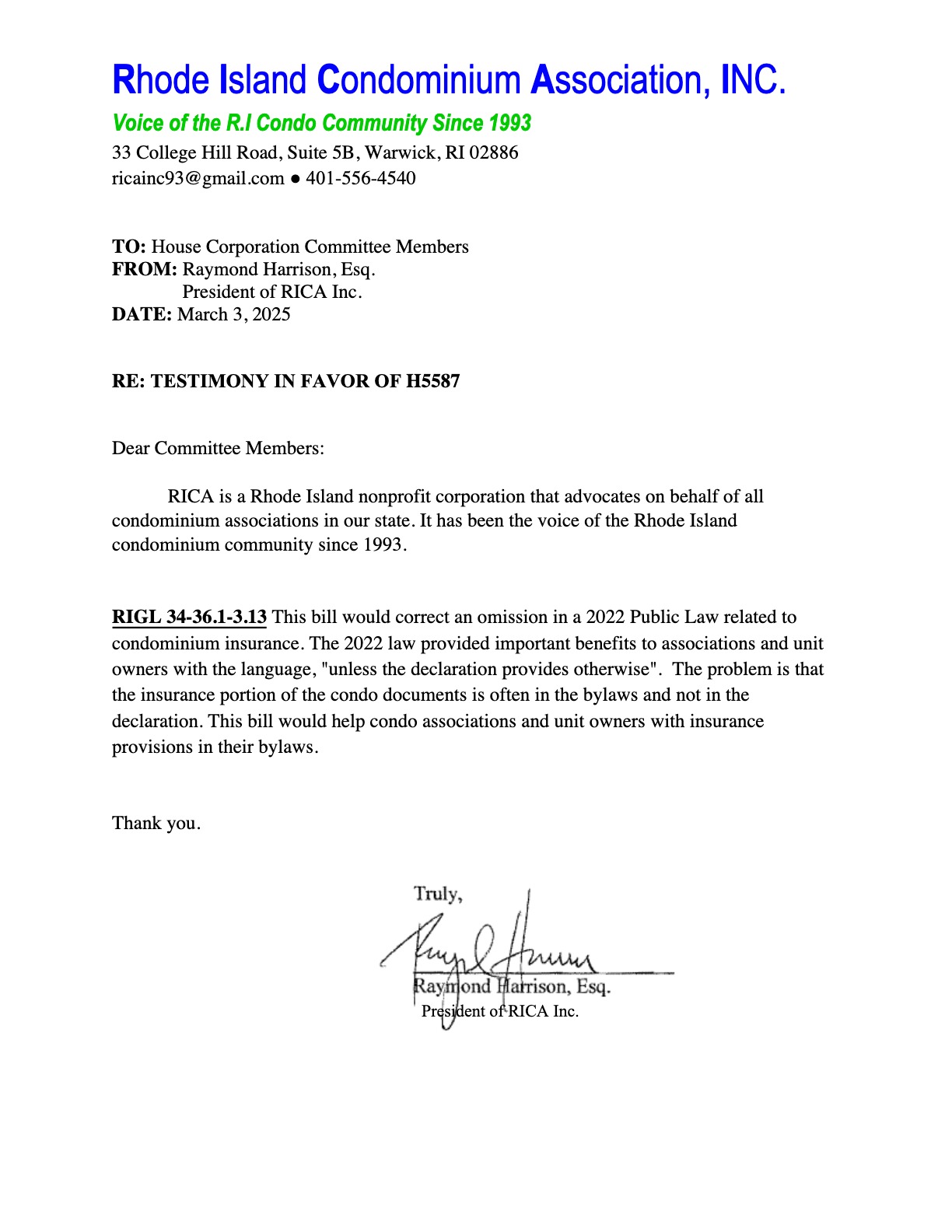 Testimony in Favor of H