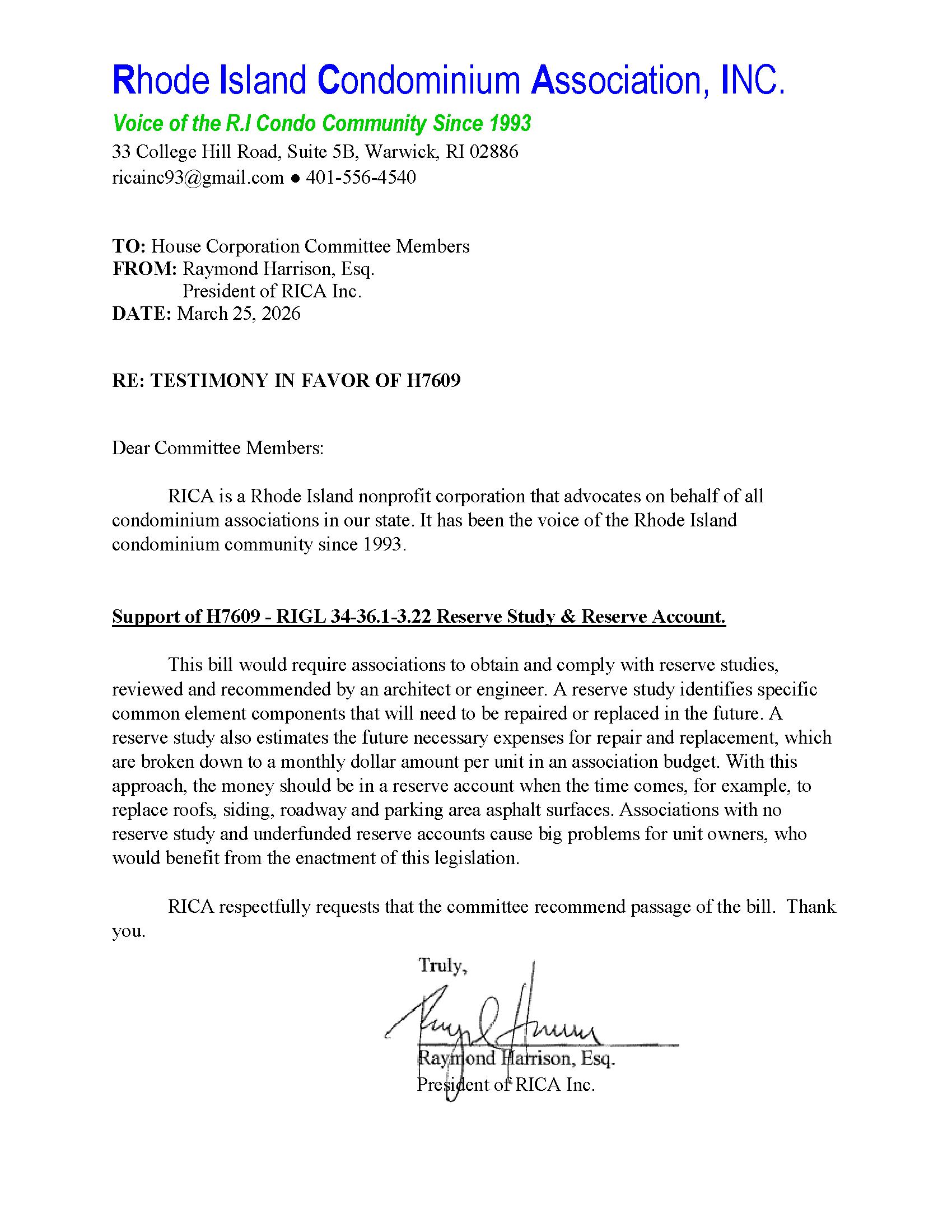 Testimony in Favor of H