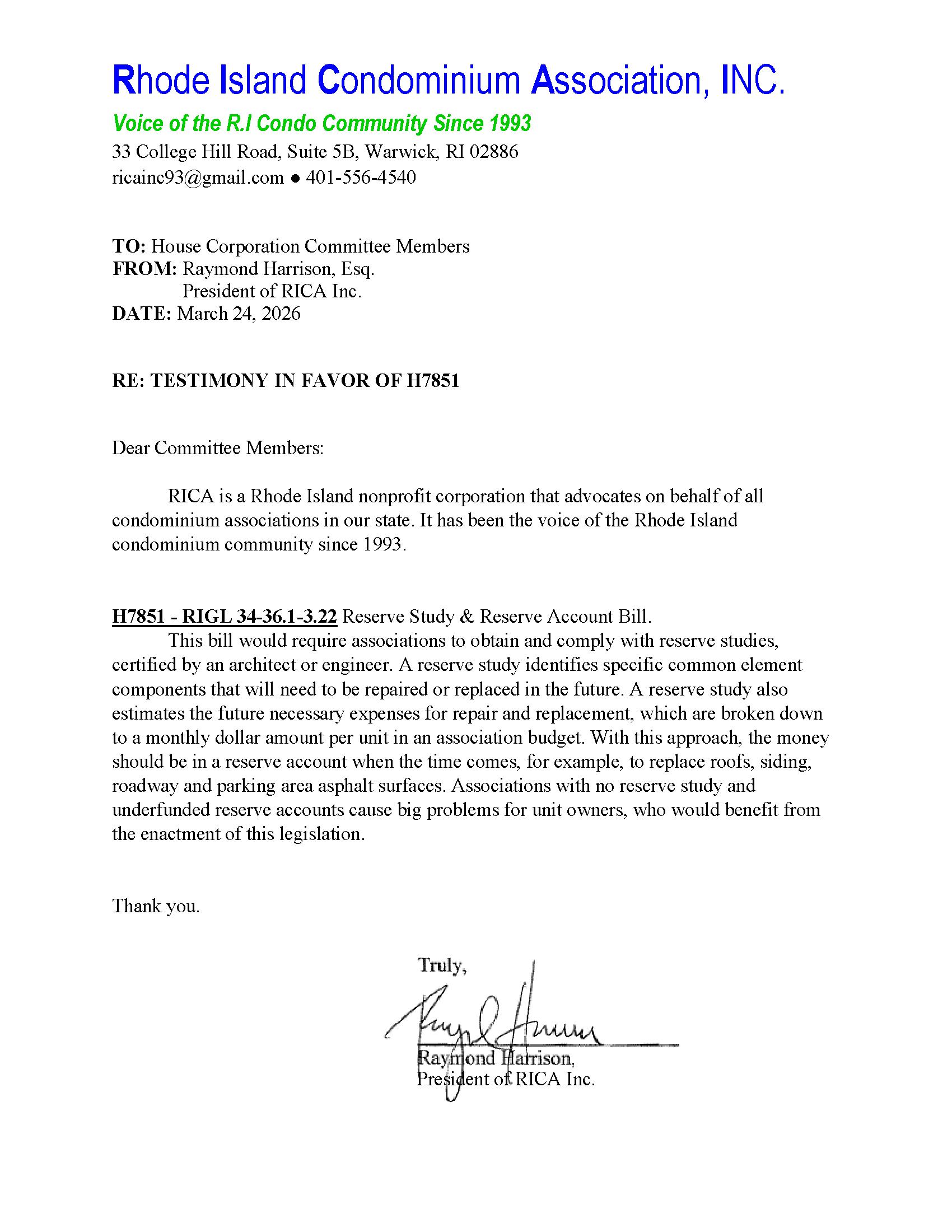 Testimony in Favor of H